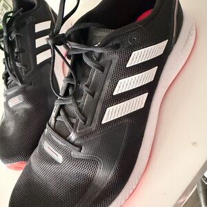 adidas Black Sneakers with White Stripes and Pink Accents